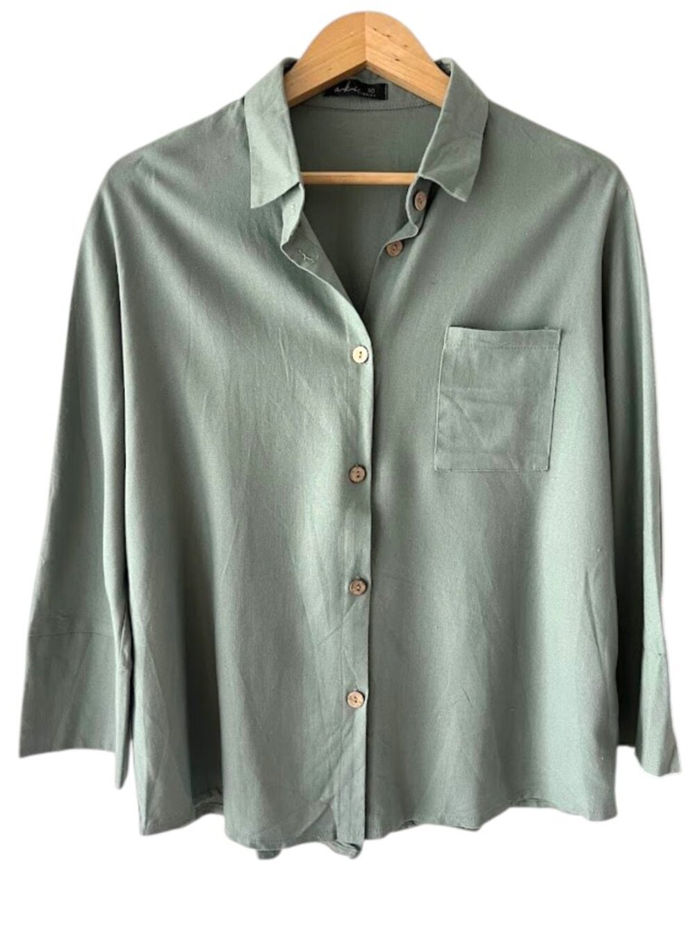 Aki Stories Sage Green Button Down Linen Blend Shirt Pocket Wood Buttons large